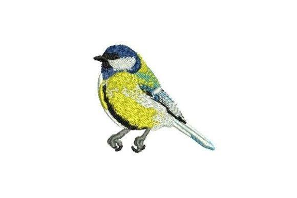 Great Tit bird embroidery design with blue, yellow, and white stitching on fabric — bird embroidery designs