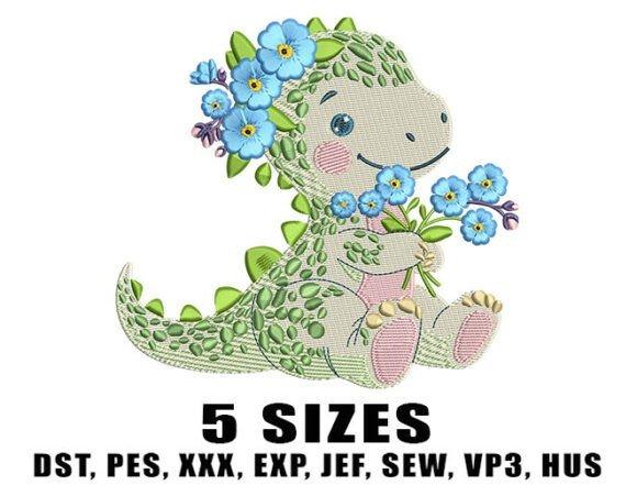 Green baby dinosaur embroidery design with blue flowers holding a bouquet, suitable for baby embroidery ideas for clothes