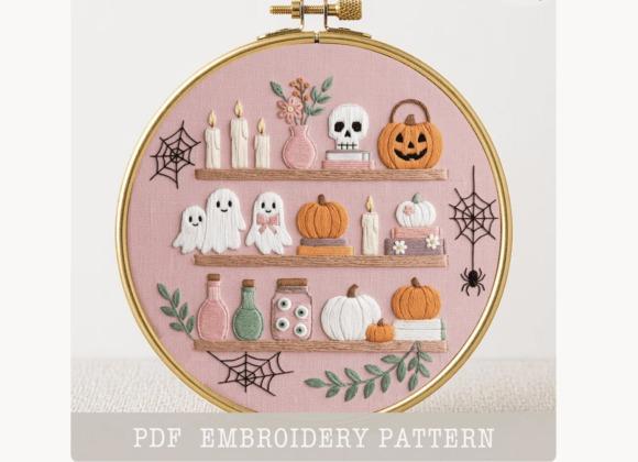 Halloween embroidery pattern with pumpkins, ghosts, skull, candles, spider webs, and autumn — fall embroidery patterns