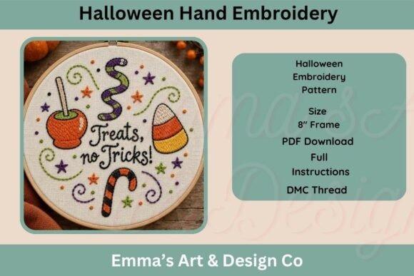 Fall embroidery patterns featuring Halloween motifs like candy corn, toffee apple, and decorative swirls in an 8-inch hoop