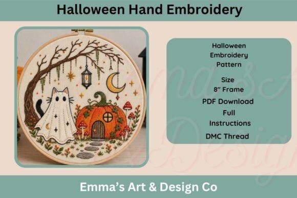 Halloween hand embroidery pattern with ghost, pumpkin house, twisted tree, crescent moon — fall embroidery patterns