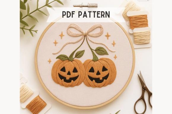 Halloween Pumpkin Duo fall embroidery patterns with two jack-o-lantern pumpkins in embroidery hoop