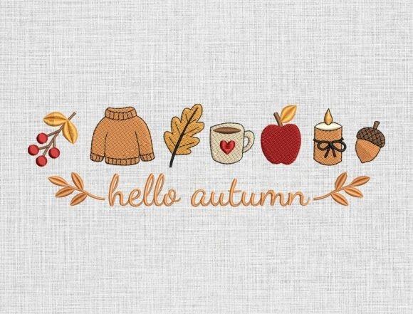 Fall embroidery designs featuring a sweater, coffee mug, apple, candle, acorn, berries, and fall leaves with 'hello autumn'