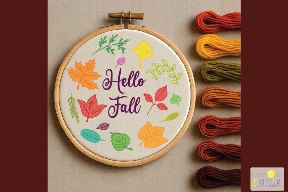 Fall embroidery patterns featuring colorful embroidered leaves and the phrase Hello Fall in a hoop