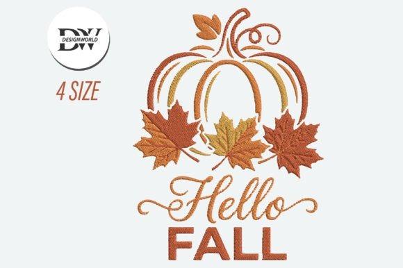 Fall embroidery designs featuring a pumpkin with three autumn leaves and the text Hello Fall in warm tones