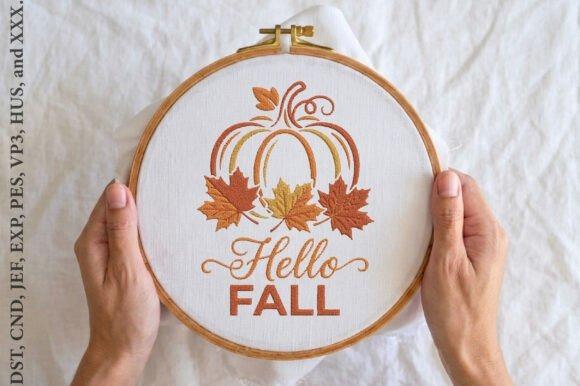 Fall embroidery designs featuring a pumpkin and autumn leaves with the text Hello Fall in warm colors