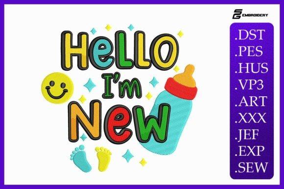 Hello I'm New baby blanket embroidery design with colorful text, baby bottle, smiley face, and footprints