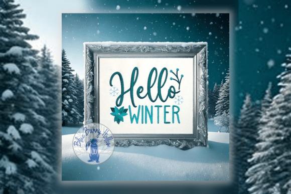 Hello Winter embroidery design with snowflakes in a decorative frame in a snowy forest setting — winter embroidery patterns