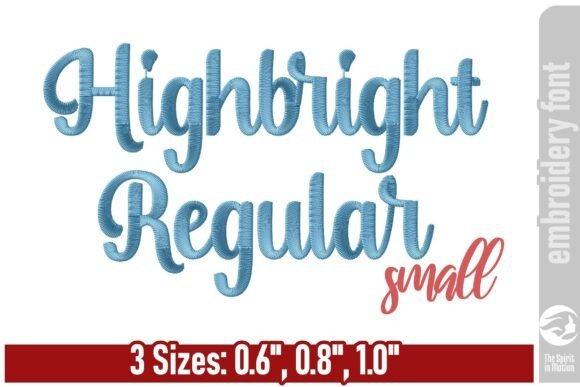 Highbright cursive embroidery font sample in blue with sizes 0.6, 0.8, and 1.0 inches