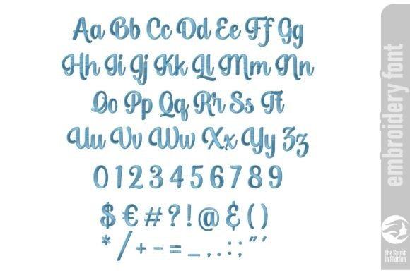 Cursive embroidery font showing uppercase and lowercase letters, numbers, and symbols in a flowing style