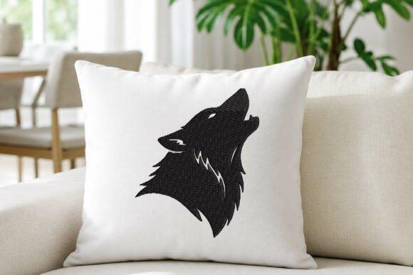 Black embroidered howling wolf head design on white pillow — embroidered jacket