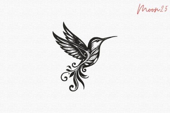 hummingbird embroidery design with flowing floral and botanical details in black