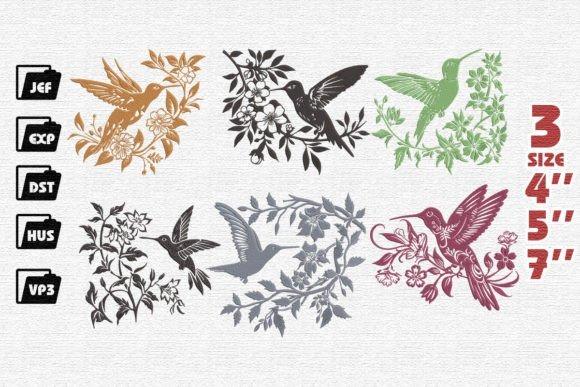 Hummingbird embroidery designs in three sizes with floral motifs in various colors