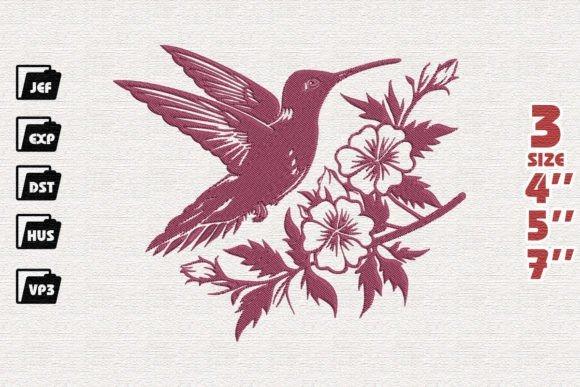 Hummingbird embroidery design with floral elements in three sizes 4, 5, and 7 inches