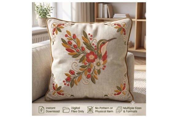 Hummingbird embroidery design on a beige floral pillow with red, beige, olive, and golden details