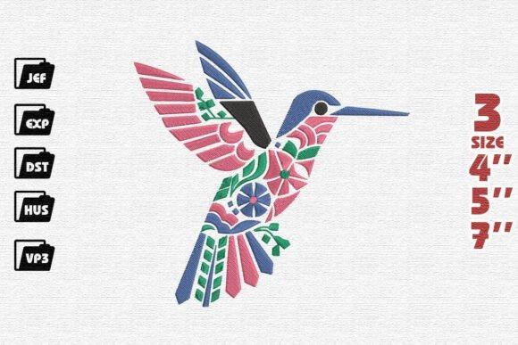 Hummingbird embroidery design with floral patterns in pink, blue, green, and black, available in 4, 5, and 7 inch sizes