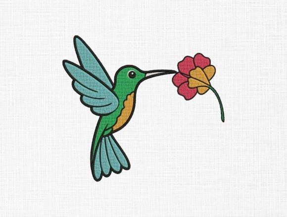Hummingbird embroidery design with a green and blue bird feeding from a red and yellow flower