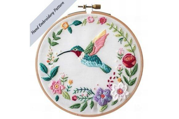 Hand embroidery designs featuring a hummingbird surrounded by colorful floral wreath in a round hoop