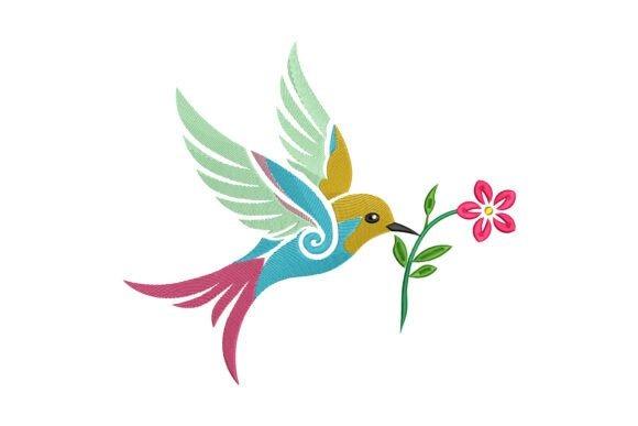 hummingbird embroidery design with a blue and yellow bird holding a pink flower