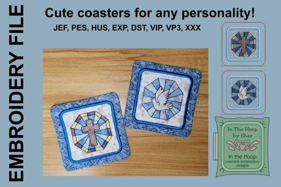 4x4 machine embroidery projects featuring ITH stained glass coasters with cross and dove designs in blue frames