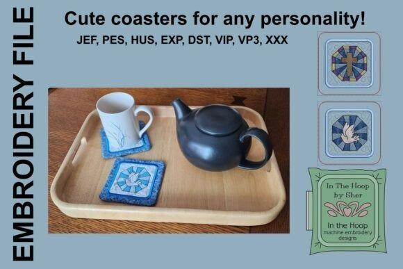 4x4 machine embroidery projects featuring ITH stained glass coasters with cross and dove designs on a wooden tray
