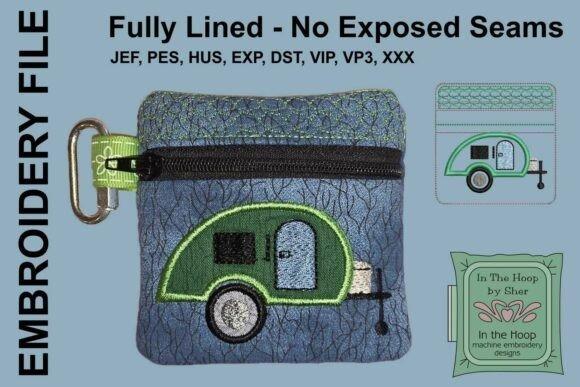 4x4 machine embroidery projects featuring ITH Teardrop Camper Mini Zipper Bag with camping motif and zipper construction