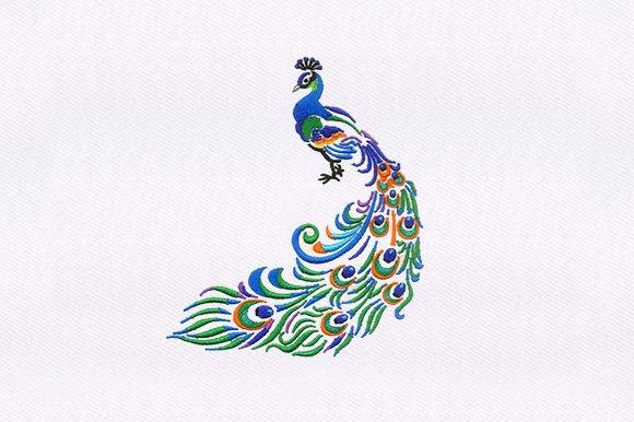 Indian Peacock embroidery design with ornamental tail and upright bird shape in blue, green, and orange colors