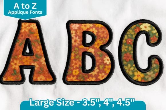 Embroidery alphabet designs showing applique letters A, B, and C with floral fabric patterns and black borders