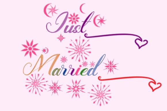 Colorful embroidered Just Married lettering with decorative stars and hearts, ideal for an embroidered wedding gift