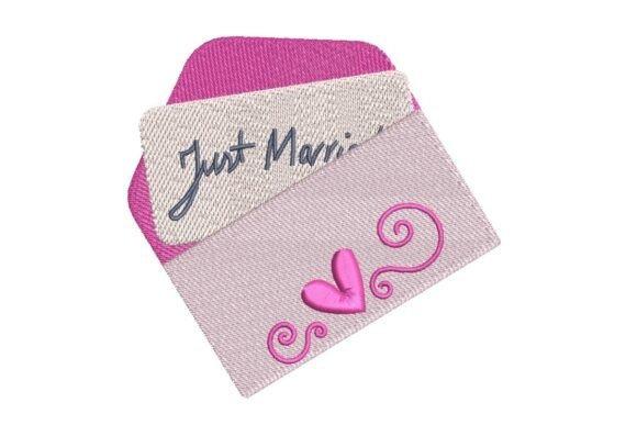 Wedding embroidery designs for bridal gifts featuring Just Married lettering with swirls and hearts