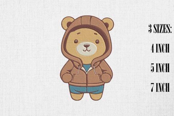 Kawaii bear embroidery design wearing a brown hoodie and blue shorts, cute animal embroidery motif
