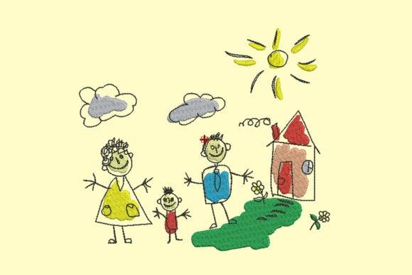 kids embroidery designs showing a childlike stitched family with sun, clouds, and house