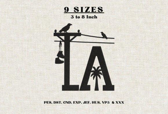 Embroidered hoodie ideas featuring LA lettering with utility pole, hanging sneakers, crows, power lines, and palm tree