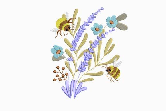 Flower embroidery designs featuring lavender stems with small bees and blue flowers