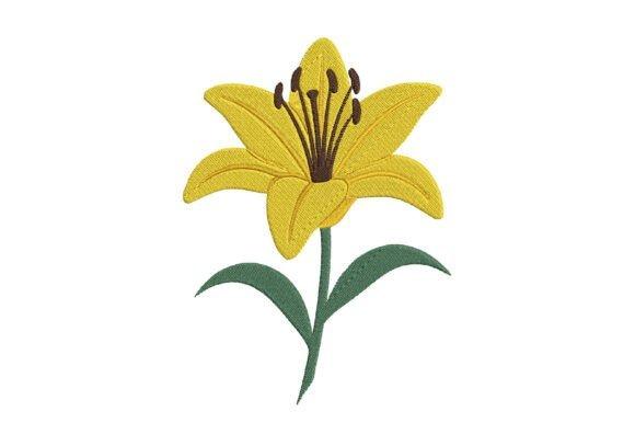 Yellow lily flower embroidery design with green stem and leaves, detailed petals — flower embroidery designs