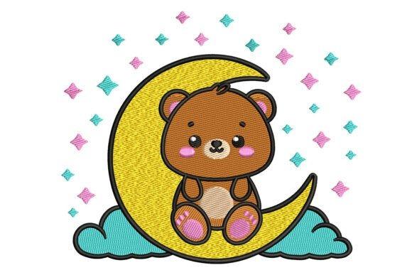 baby blanket embroidery design of a teddy bear sitting on a crescent moon with stars and clouds