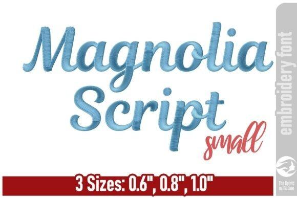 Magnolia Script embroidery font sample showing cursive embroidery lettering in blue thread with sizes 0.6, 0.8, and 1.0