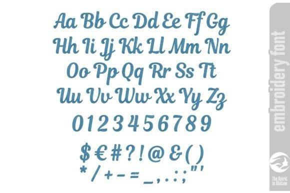 Cursive embroidery alphabet and numbers in a flowing script style with symbols