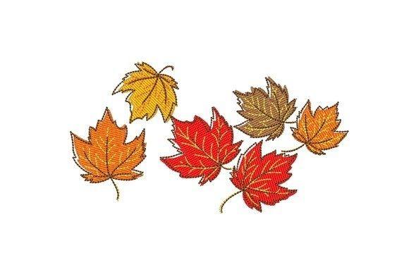 Fall leaf embroidery design featuring multiple maple leaves in orange, red, yellow, and brown shades