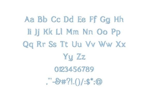 Etsy embroidery files for machine embroidery projects showing Melrose Embroidery Font with alphabet, numbers, and symbols in