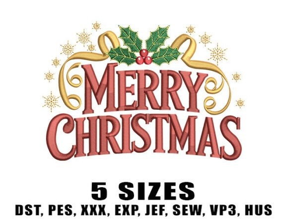 Etsy embroidery files for machine embroidery projects featuring Merry Christmas design with holly and gold ribbon