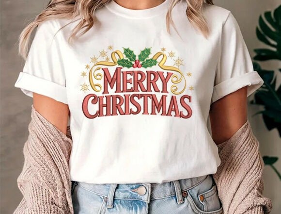 Etsy embroidery files for machine embroidery projects featuring Merry Christmas design on white t-shirt with holly and gold