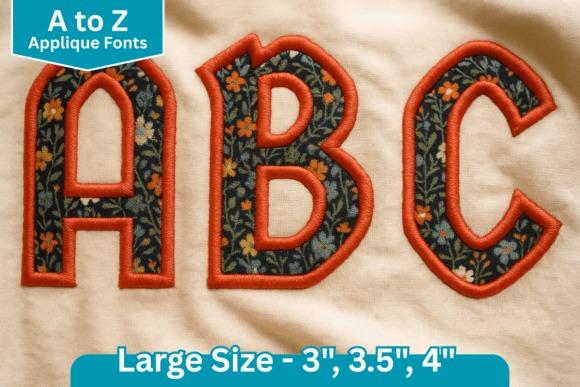 Embroidery fonts showing applique letters A, B, and C with floral pattern and orange border