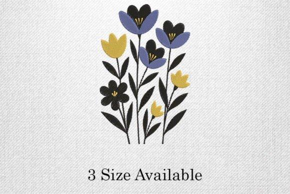 Embroidery shirt with modern floral machine embroidery design in purple, yellow, and black on white fabric