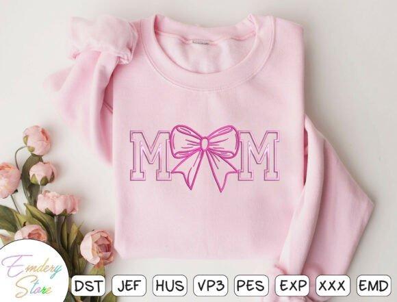 Pink embroidery sweatshirt ideas featuring the word Mom with a bow accent on a crewneck