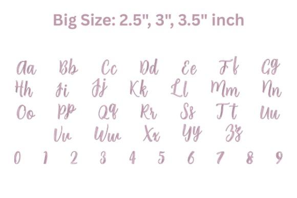 Cursive embroidery alphabet and numbers in tall, narrow script style for elegant lettering