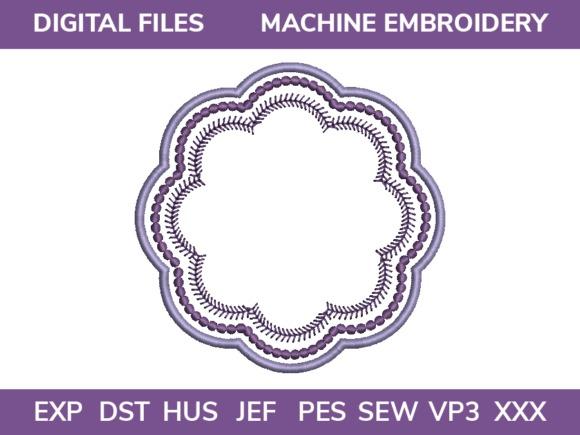 Monogram embroidery circular frame with decorative scalloped edges in purple thread