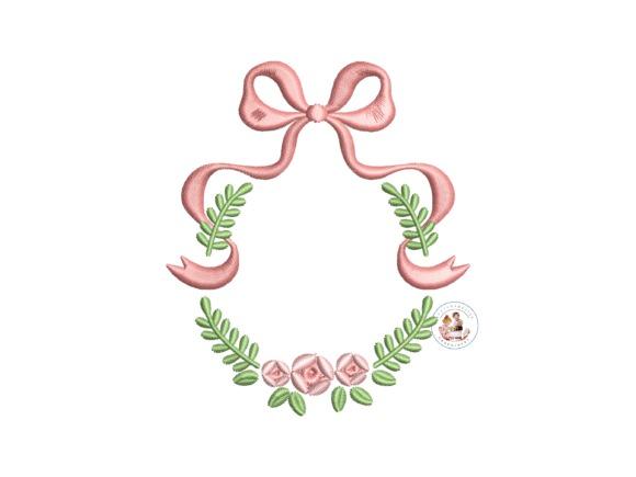Monogram embroidery frame with pink bow and green leaves for personalized projects