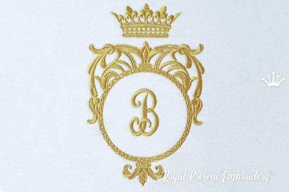 Monogram embroidery design featuring a decorative frame with a crown and the letter B in the center