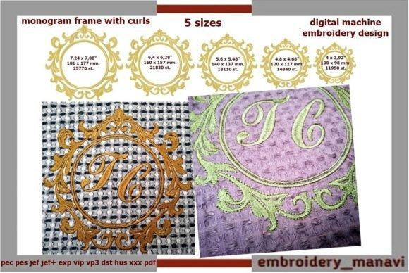 Monogram embroidery design featuring a decorative frame with curls in multiple sizes and close-up views of embroidered